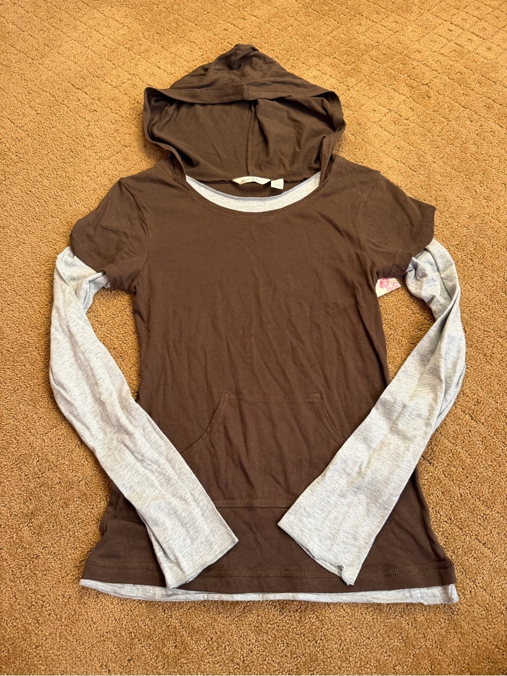Derek Heart Women’s M Brown/Gray Hooded Long Sleeve Cotton Pullover T-Shirt Y2K